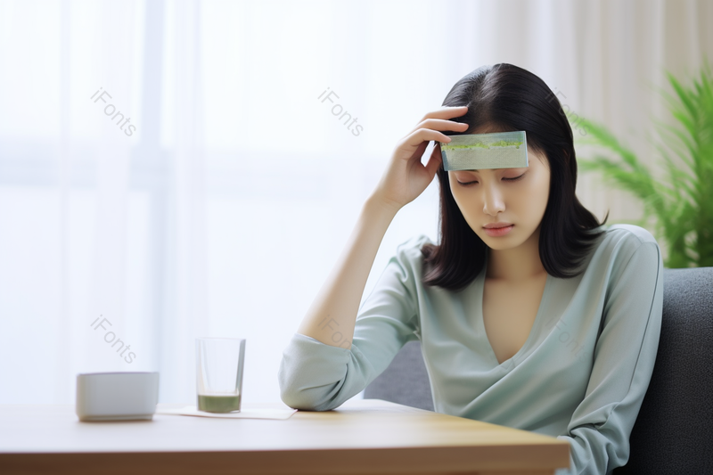 发烧的女性使用退烧贴高清特写摄影图,高清,摄影图,摄影图片,图片大全,摄影图免费下载